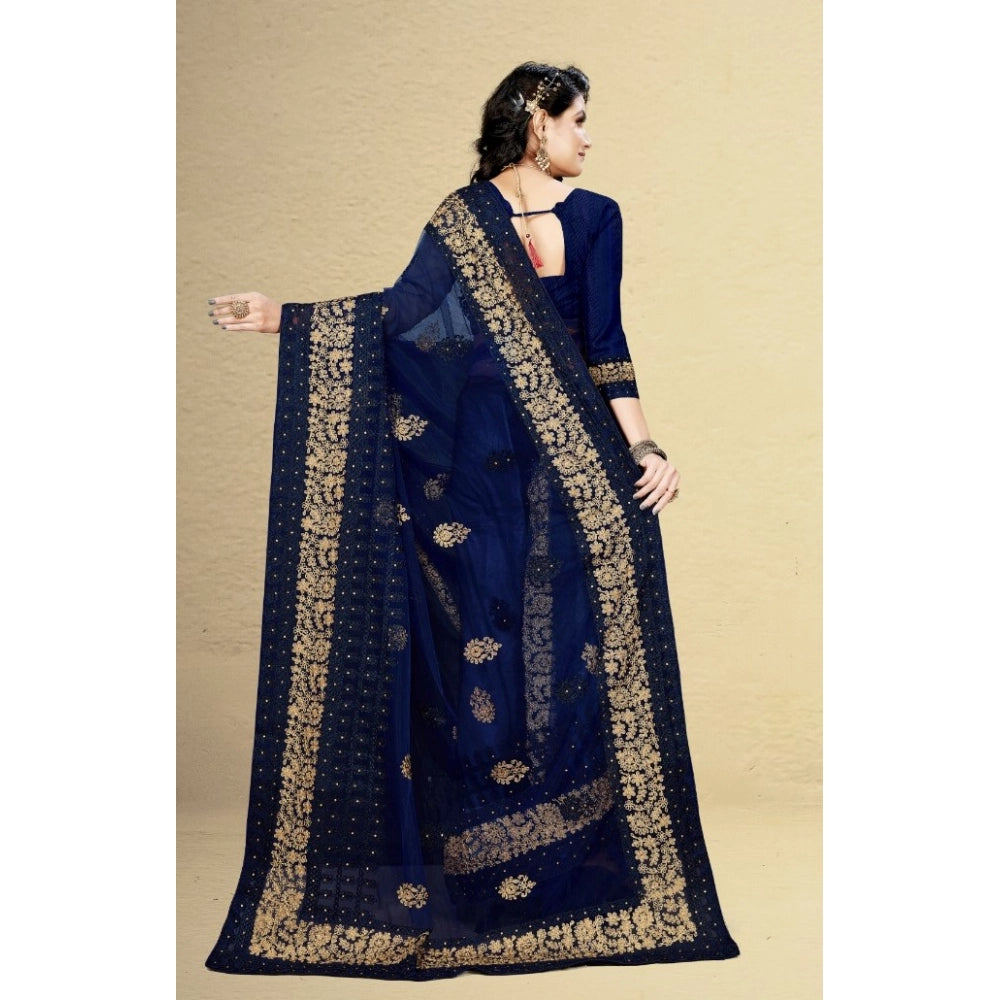 Amfyn Women's Net Saree With Blouse (Navy Blue, 5-6Mtrs)