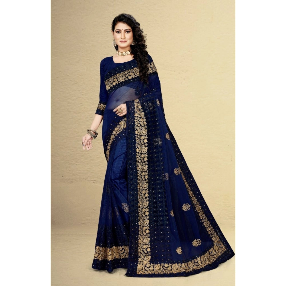 Amfyn Women's Net Saree With Blouse (Navy Blue, 5-6Mtrs)