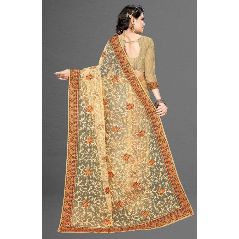 Amfyn Women's Net Saree With Blouse (Chiku, 5-6Mtrs)