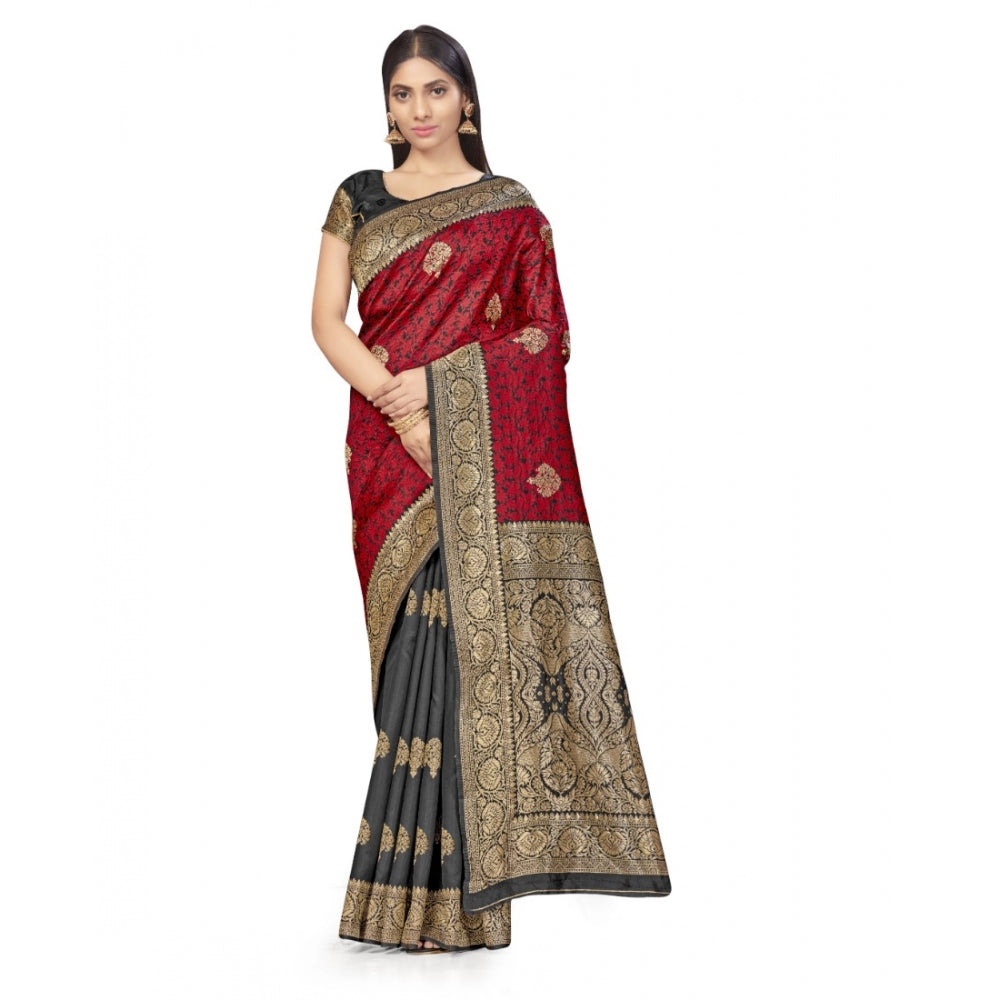 Amfyn Women's Banarasi Silk Saree With Blouse (Black, Red, 5-6Mtrs)
