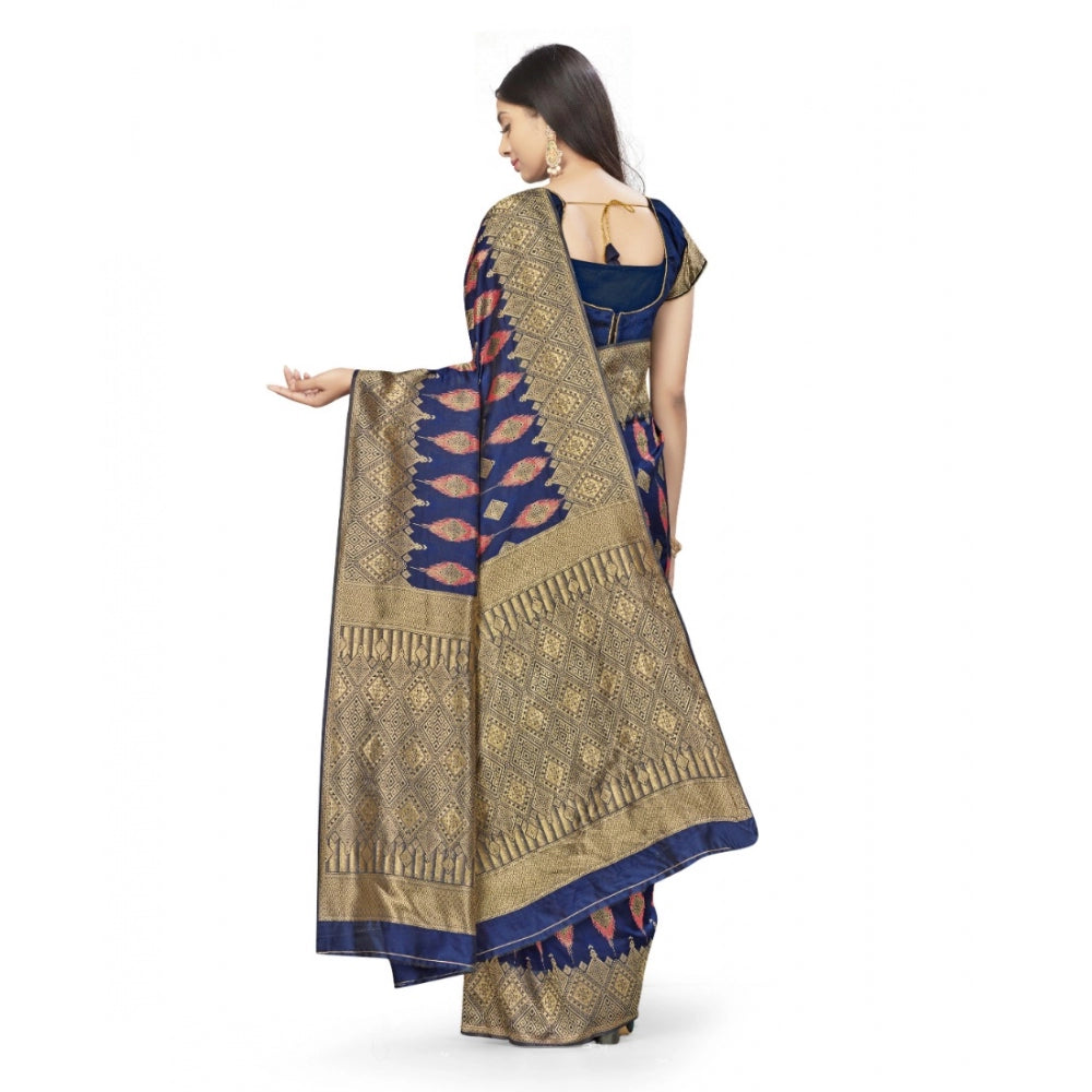 Amfyn Women's Banarasi Silk Saree With Blouse (Navy Blue, 5-6Mtrs)