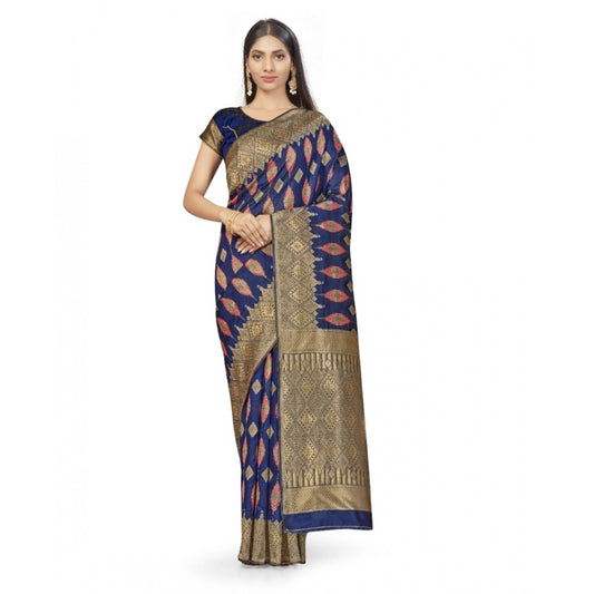 Amfyn Women's Banarasi Silk Saree With Blouse (Navy Blue, 5-6Mtrs)