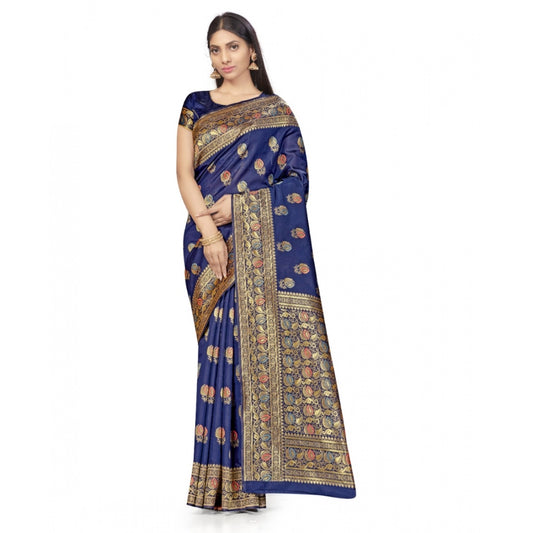 Amfyn Women's Banarasi Silk Saree With Blouse (Navy Blue, 5-6Mtrs)