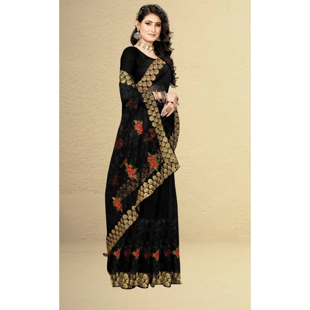 Amfyn Women's Net Saree With Blouse (Black, 5-6Mtrs)