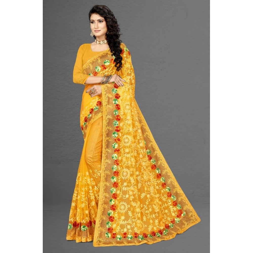 Amfyn Women's Net Saree With Blouse (Yellow, 5-6Mtrs)