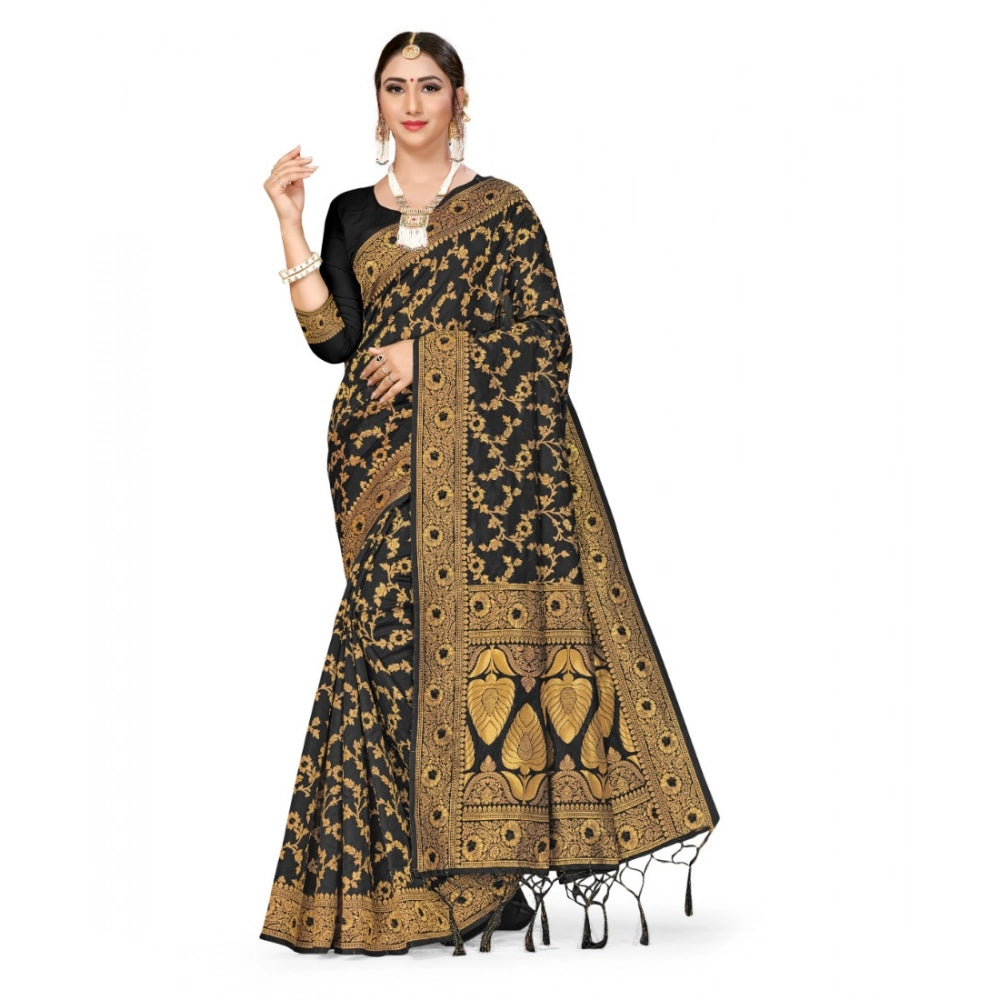 Amfyn Women's Banarasi Silk Saree With Blouse (Black, 5-6Mtrs)
