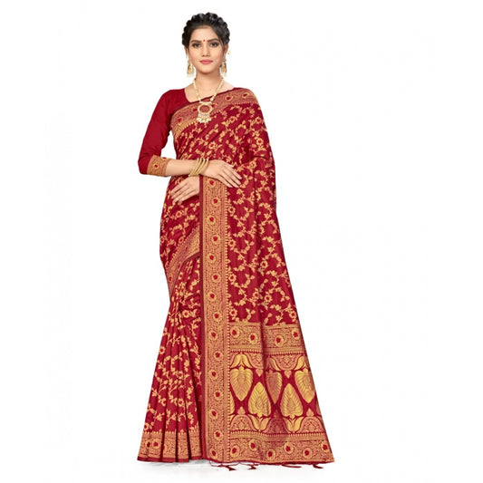 Amfyn Women's Banarasi Silk Saree With Blouse (Maroon, 5-6Mtrs)