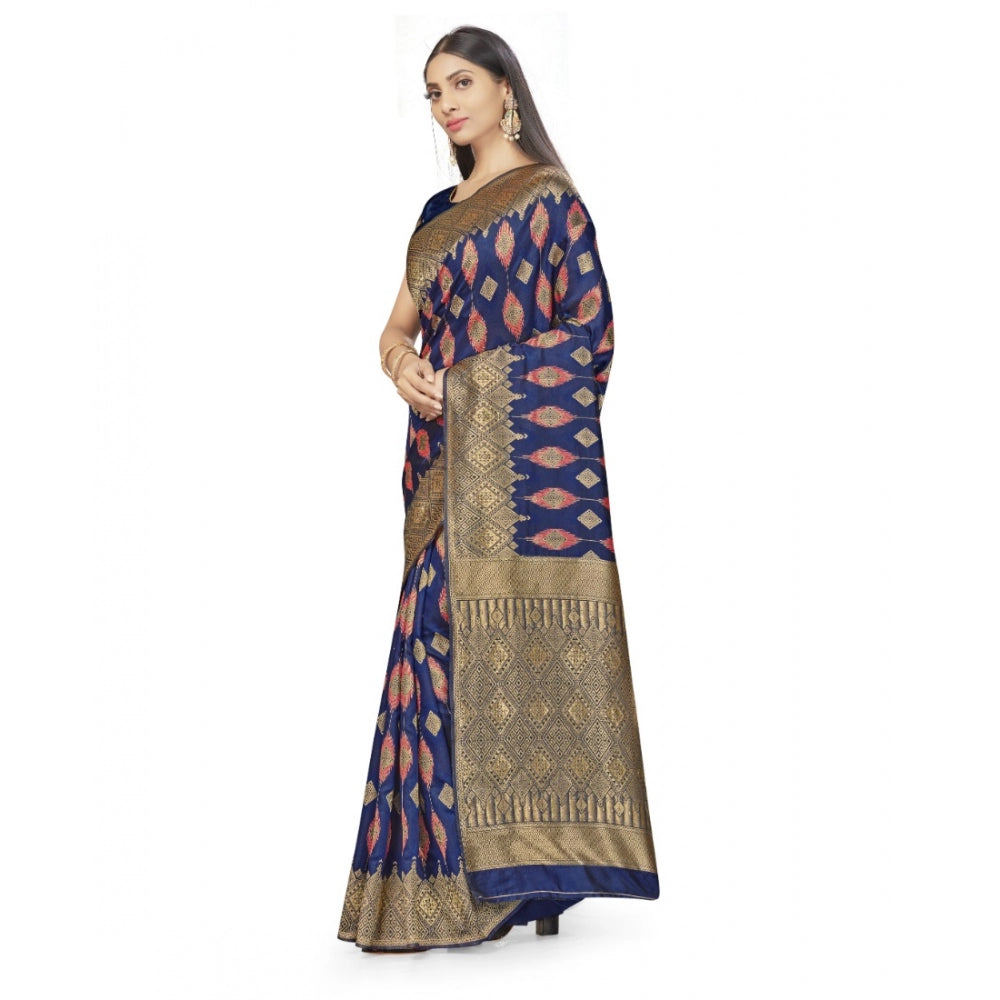 Amfyn Women's Banarasi Silk Saree With Blouse (Navy Blue, 5-6Mtrs)