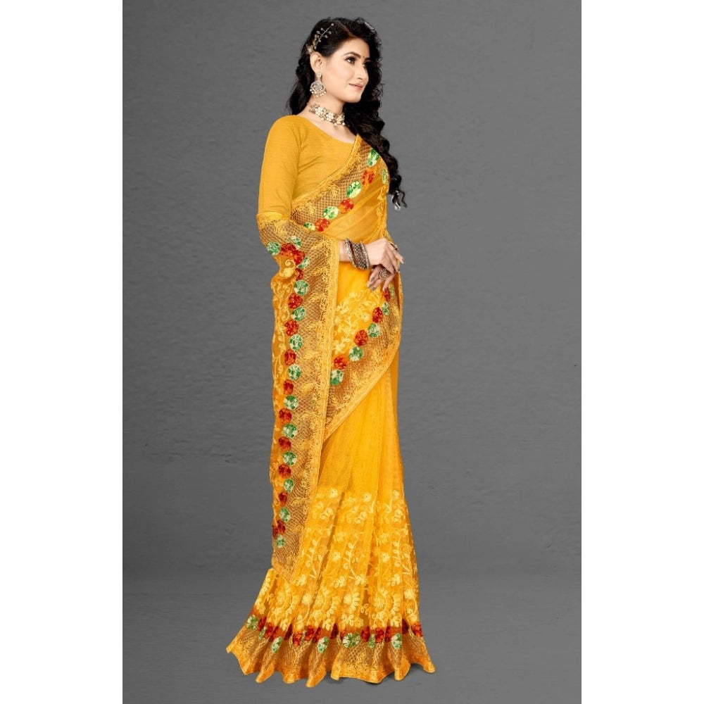 Amfyn Women's Net Saree With Blouse (Yellow, 5-6Mtrs)
