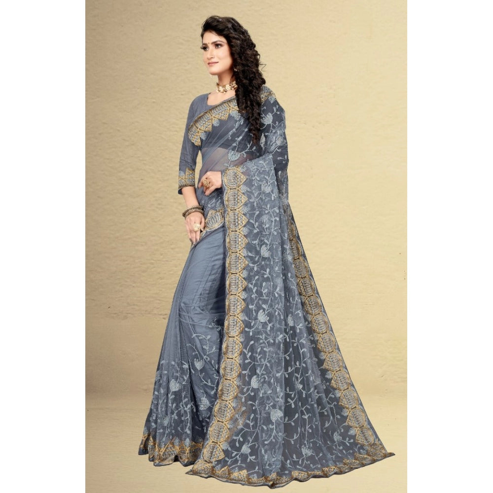 Amfyn Women's Net Saree With Blouse (Grey, 5-6Mtrs)