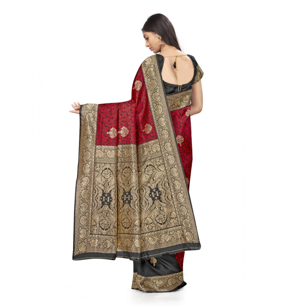 Amfyn Women's Banarasi Silk Saree With Blouse (Black, Red, 5-6Mtrs)