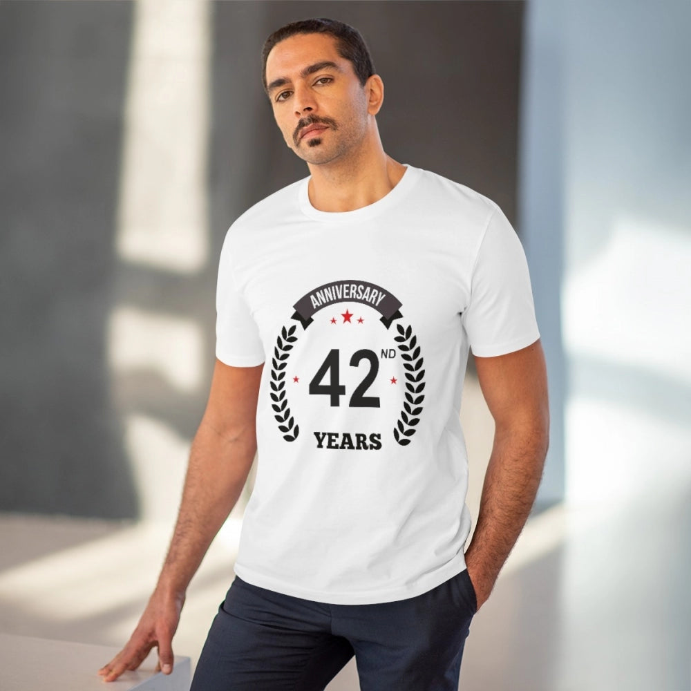 Amfyn Men's PC Cotton 42nd Anniversary Printed T Shirt (Color: White, Thread Count: 180GSM)