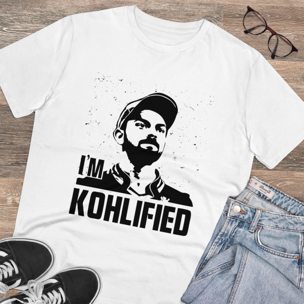 Amfyn Men's PC Cotton Cricket Design Printed T Shirt (Color: White, Thread Count: 180GSM)