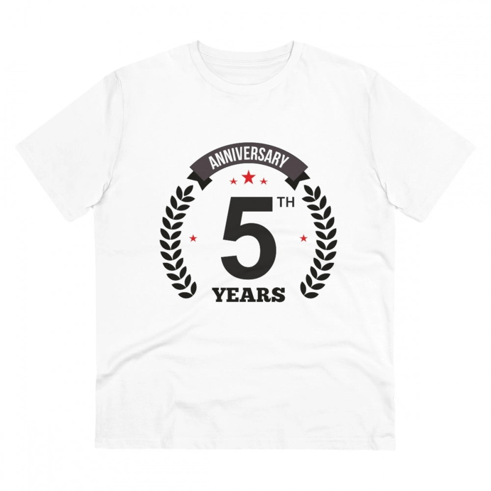 Amfyn Men's PC Cotton 5th Anniversary Printed T Shirt (Color: White, Thread Count: 180GSM)