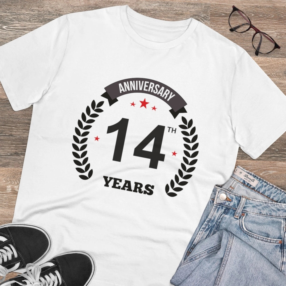 Amfyn Men's PC Cotton 14th Anniversary Printed T Shirt (Color: White, Thread Count: 180GSM)