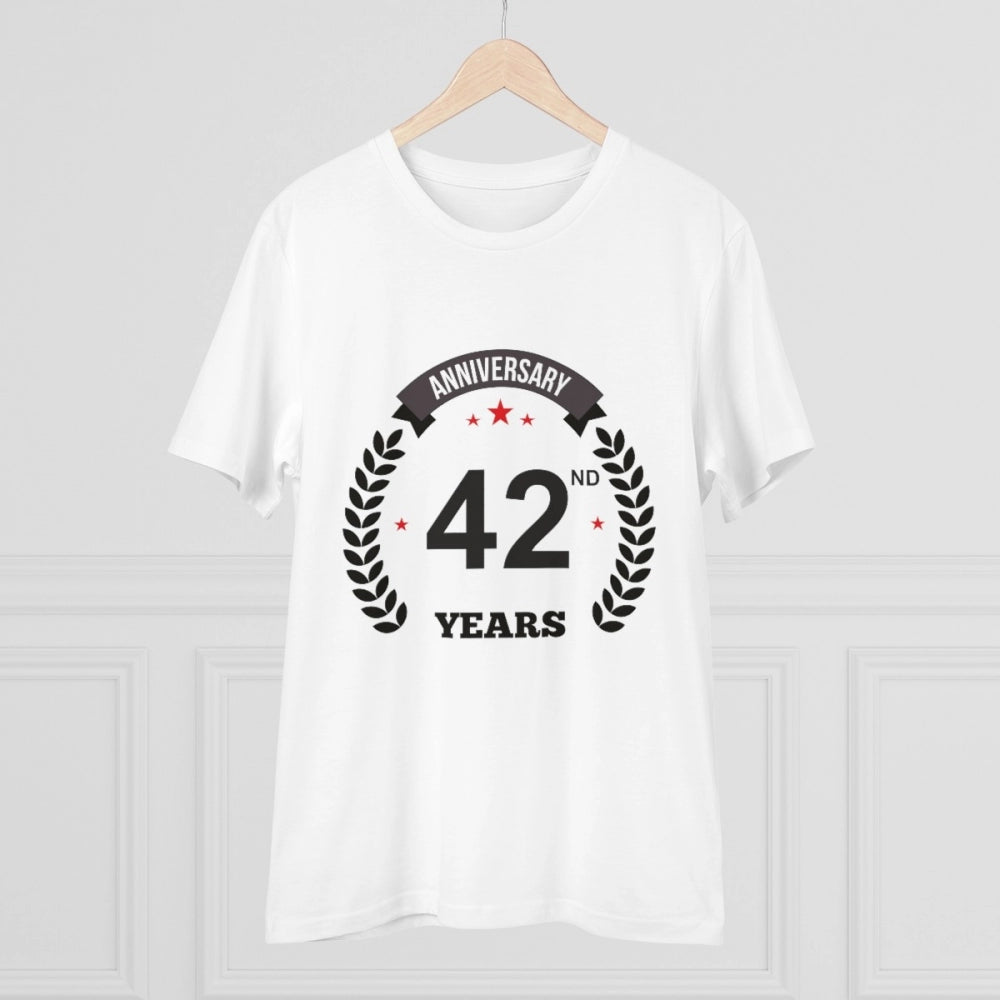Amfyn Men's PC Cotton 42nd Anniversary Printed T Shirt (Color: White, Thread Count: 180GSM)