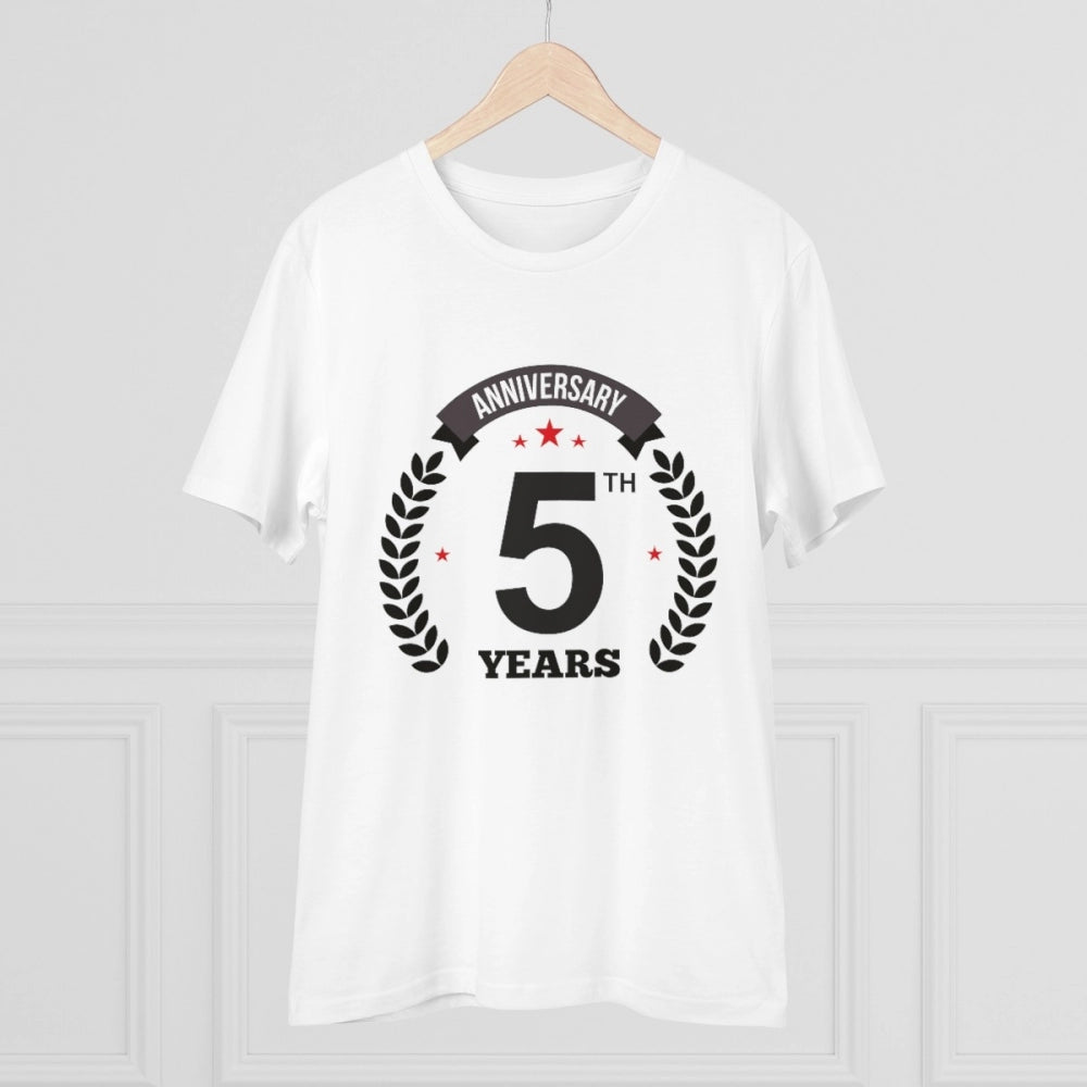 Amfyn Men's PC Cotton 5th Anniversary Printed T Shirt (Color: White, Thread Count: 180GSM)