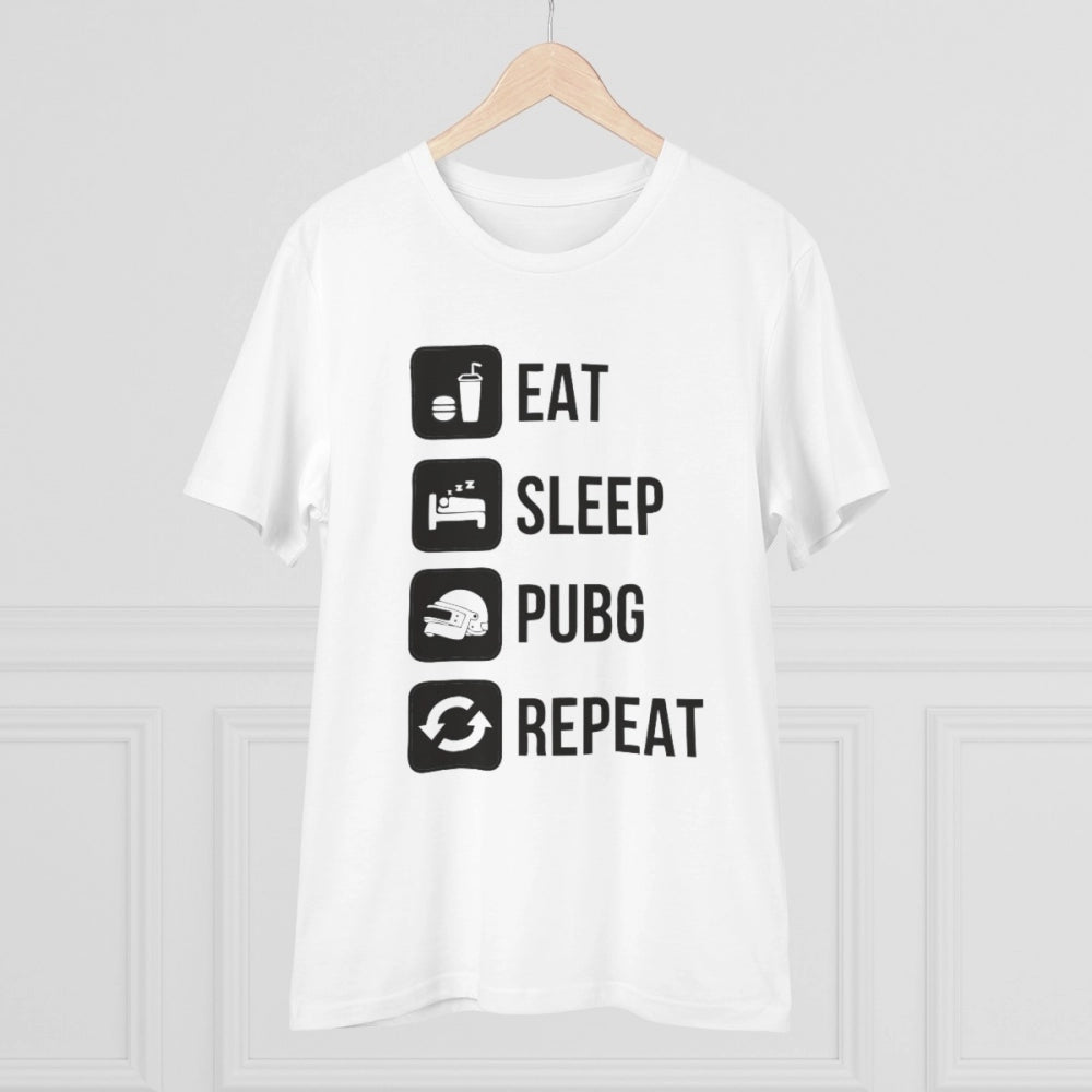 Amfyn Men's PC Cotton Eat Sleep Pubg Repeat Printed T Shirt (Color: White, Thread Count: 180GSM)
