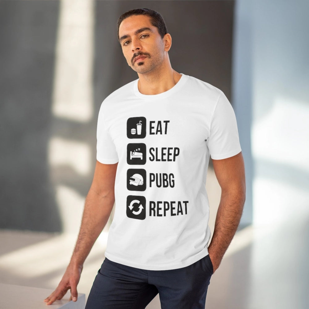 Amfyn Men's PC Cotton Eat Sleep Pubg Repeat Printed T Shirt (Color: White, Thread Count: 180GSM)