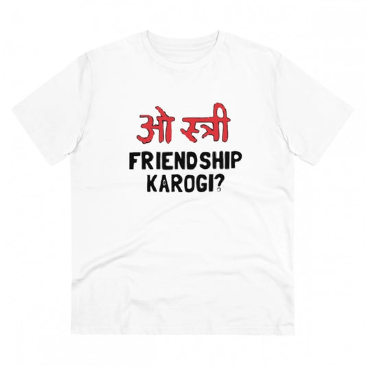 Amfyn Men's PC Cotton Oo Shtree Friendship Karogi Kya Printed T Shirt (Color: White, Thread Count: 180GSM)