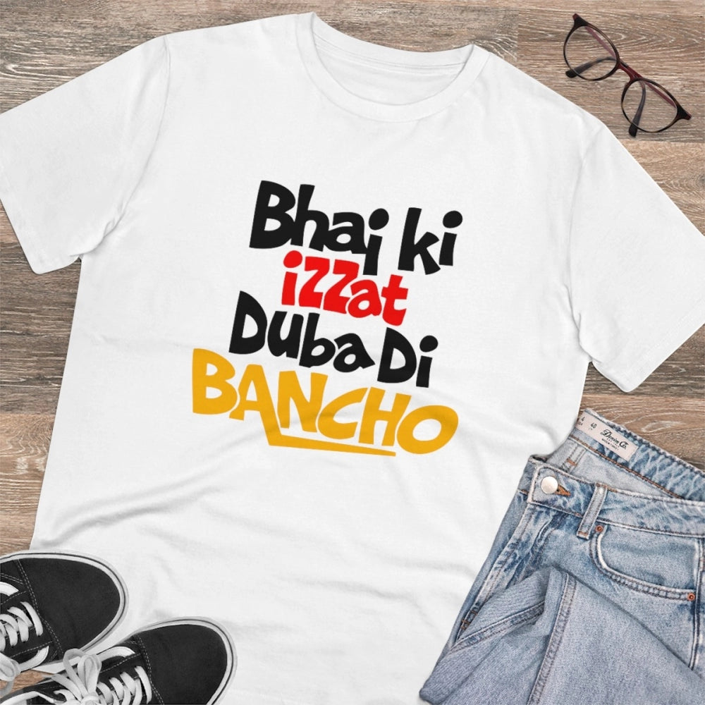 Amfyn Men's PC Cotton Bhai Ki Izzat Dubadi Bancho Printed T Shirt (Color: White, Thread Count: 180GSM)