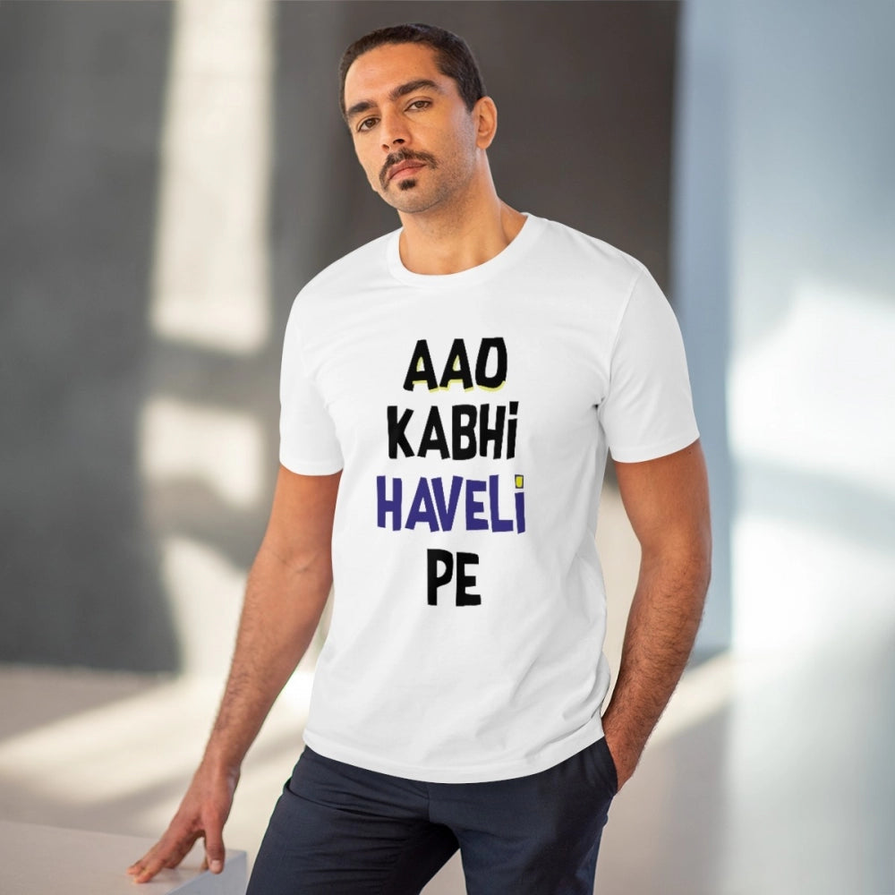 Amfyn Men's PC Cotton Aao Kabhi Haveli Pe Printed T Shirt (Color: White, Thread Count: 180GSM)