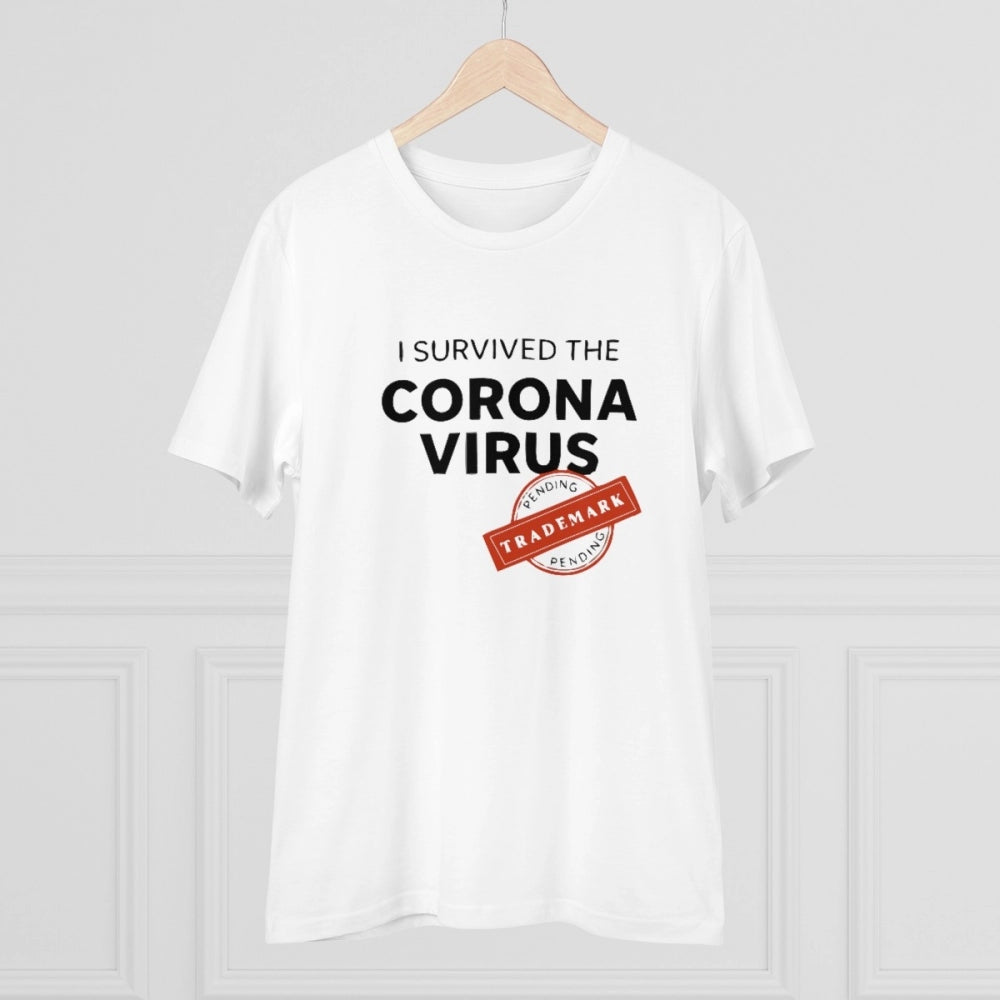 Amfyn Men's PC Cotton I Survived Corona Virus Printed T Shirt (Color: White, Thread Count: 180GSM)
