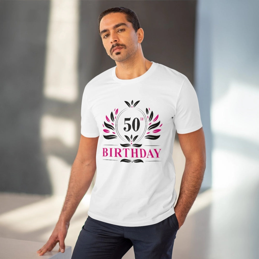 Amfyn Men's PC Cotton 50th Birthday Printed T Shirt (Color: White, Thread Count: 180GSM)