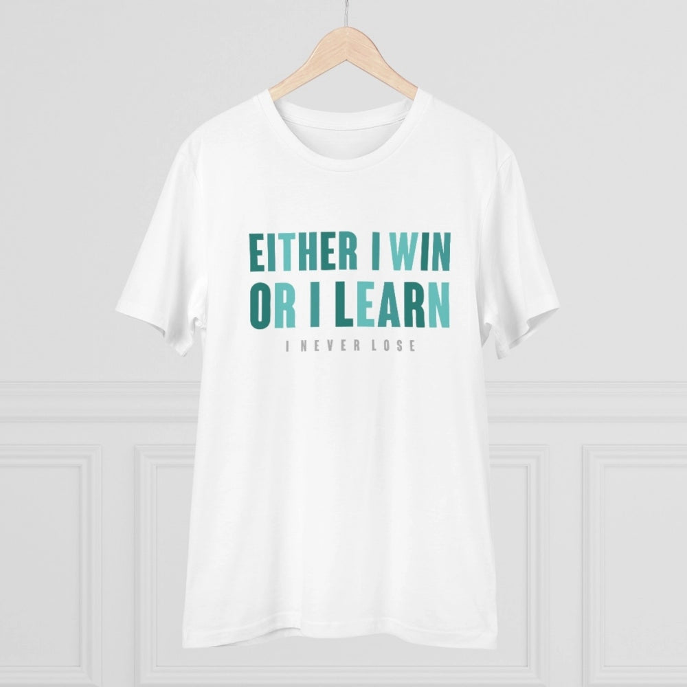 Amfyn Men's PC Cotton Either I Win Or I Learn Printed T Shirt (Color: White, Thread Count: 180GSM)