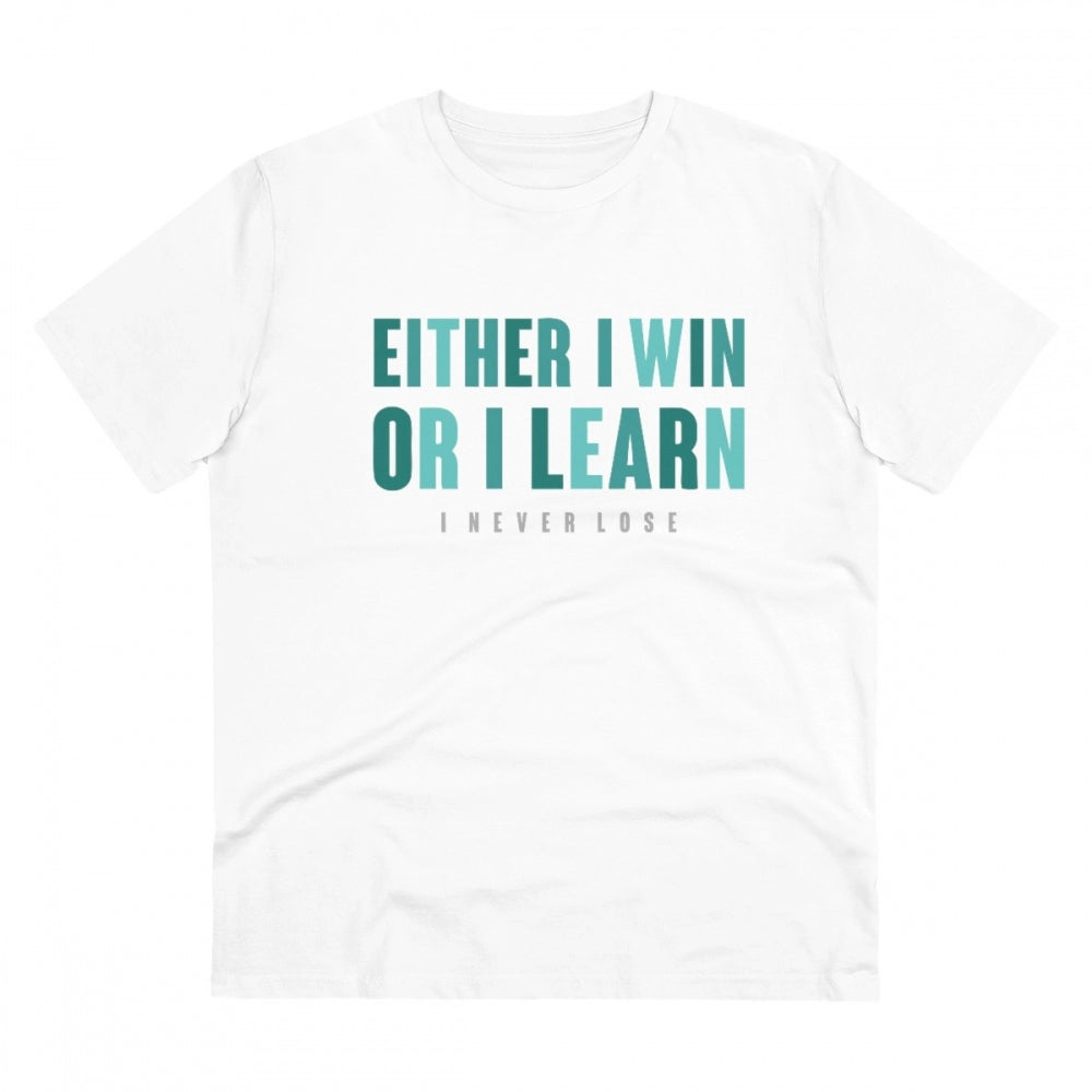 Amfyn Men's PC Cotton Either I Win Or I Learn Printed T Shirt (Color: White, Thread Count: 180GSM)