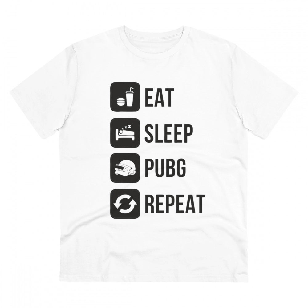 Amfyn Men's PC Cotton Eat Sleep Pubg Repeat Printed T Shirt (Color: White, Thread Count: 180GSM)
