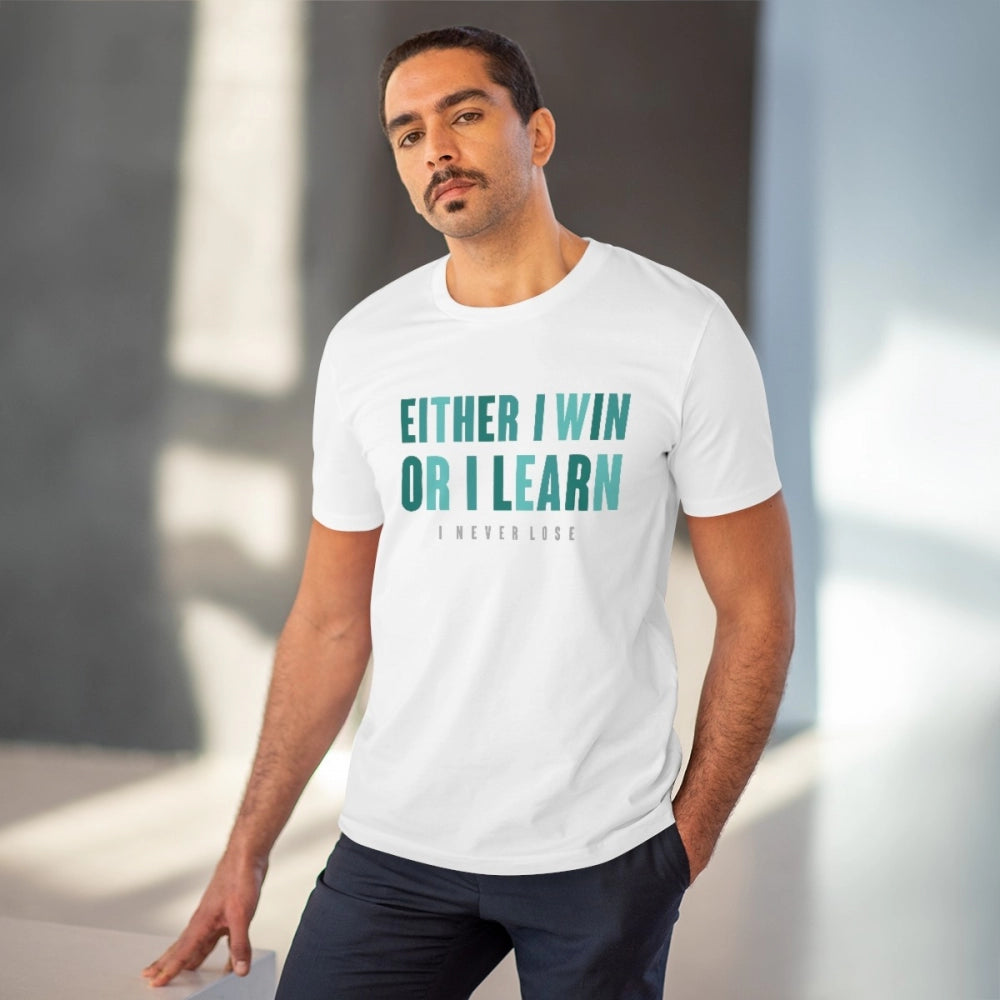 Amfyn Men's PC Cotton Either I Win Or I Learn Printed T Shirt (Color: White, Thread Count: 180GSM)