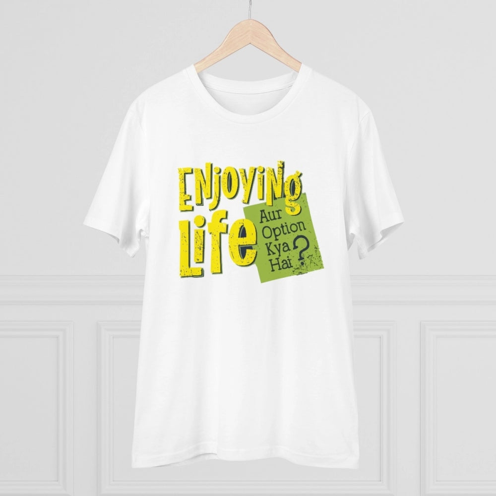 Amfyn Men's PC Cotton Enjoying Life Printed T Shirt (Color: White, Thread Count: 180GSM)