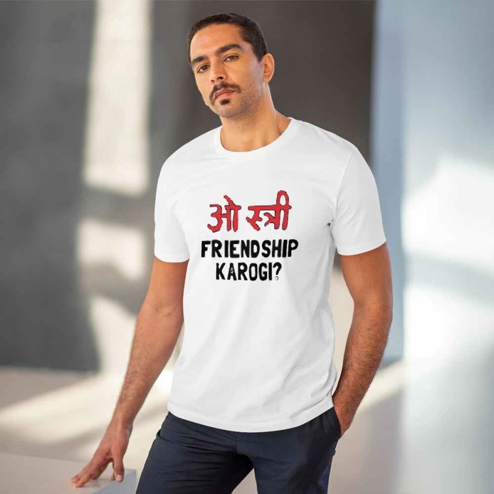 Amfyn Men's PC Cotton Oo Shtree Friendship Karogi Kya Printed T Shirt (Color: White, Thread Count: 180GSM)