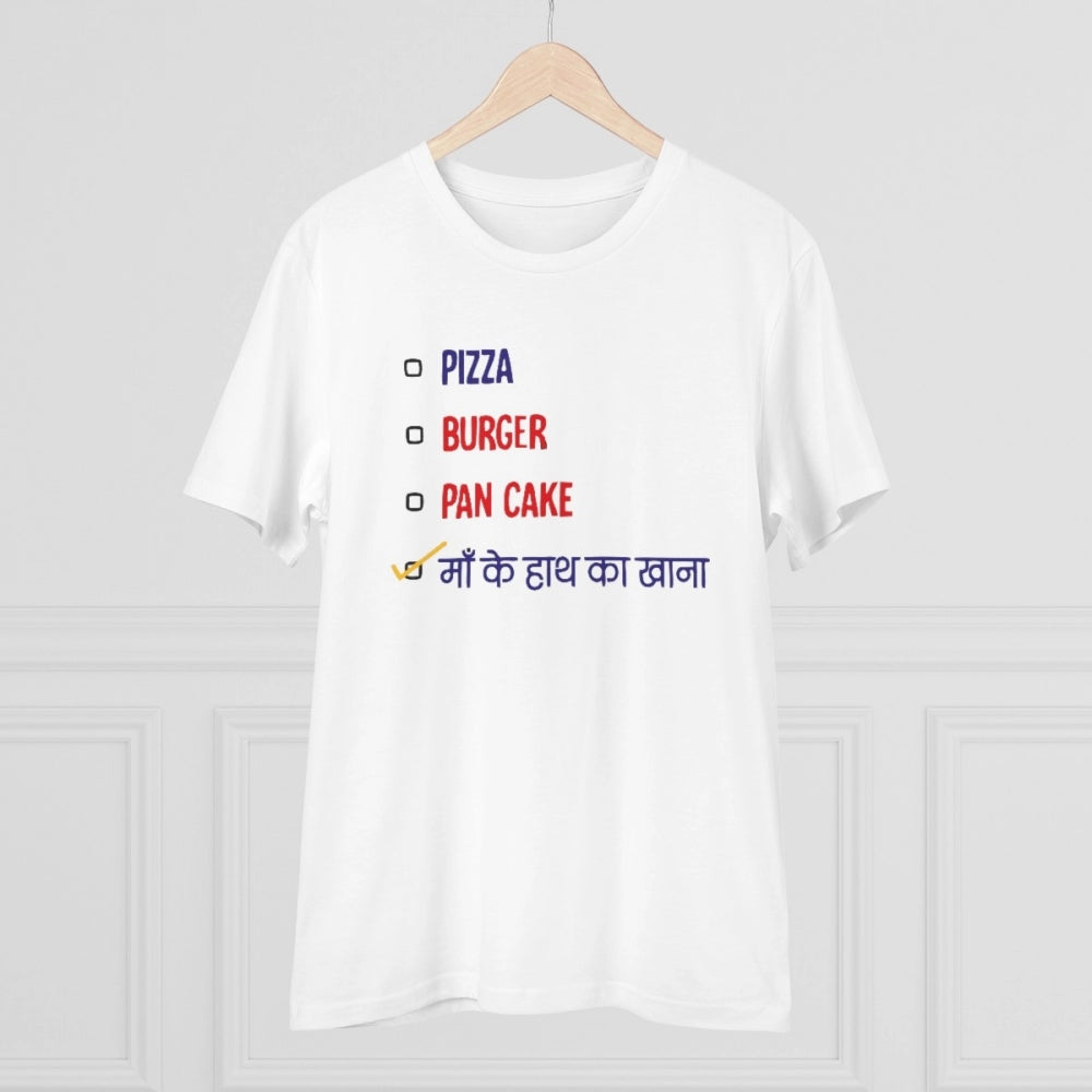 Amfyn Men's PC Cotton Pizza Burger Pan Cake Maa Ke Hath Ka Khana Printed T Shirt (Color: White, Thread Count: 180GSM)