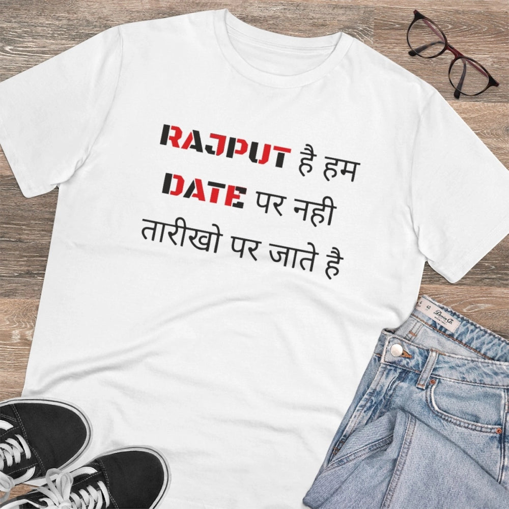 Amfyn Men's PC Cotton Rajput Hai Hum Date Par Nahi Tarikho Par Jate Hai Printed T Shirt (Color: White, Thread Count: 180GSM)