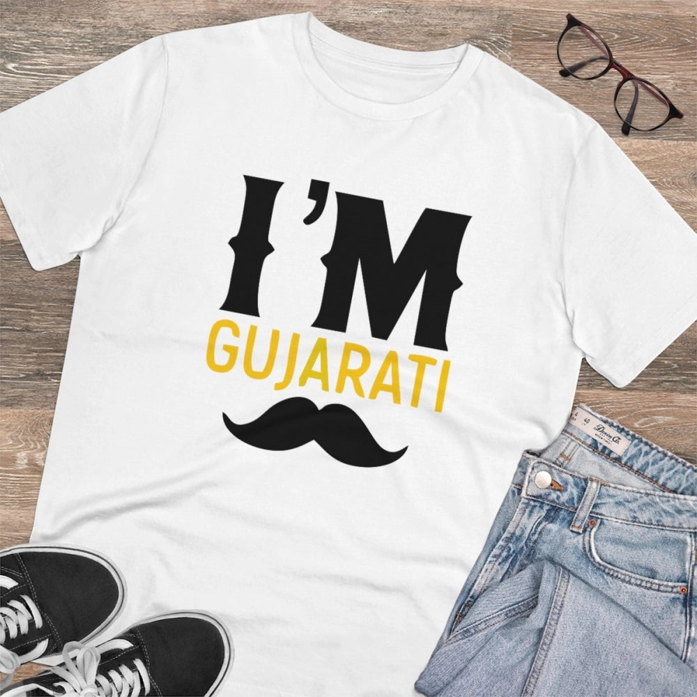 Amfyn Men's PC Cotton I Am Gujarati Printed T Shirt (Color: White, Thread Count: 180GSM)