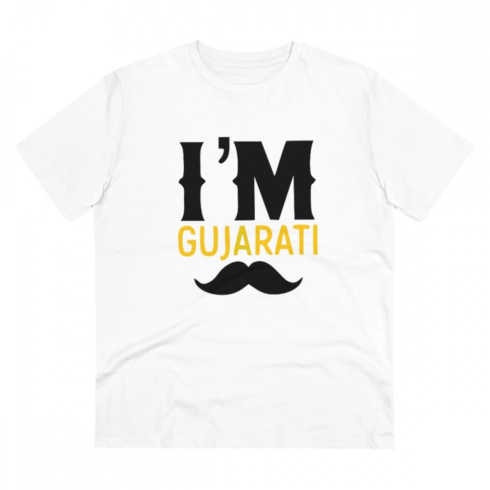 Amfyn Men's PC Cotton I Am Gujarati Printed T Shirt (Color: White, Thread Count: 180GSM)