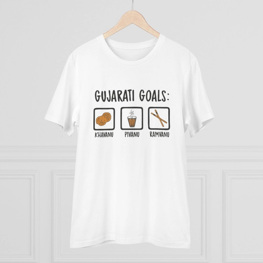 Amfyn Men's PC Cotton Gujarati Goals Printed T Shirt (Color: White, Thread Count: 180GSM)