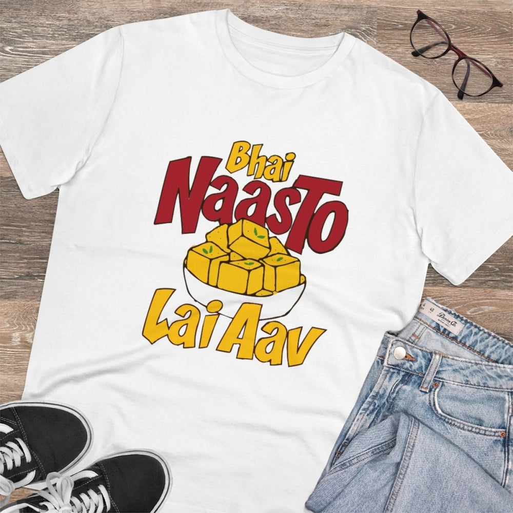 Amfyn Men's PC Cotton Bhai Nasto Lai Aav Printed T Shirt (Color: White, Thread Count: 180GSM)