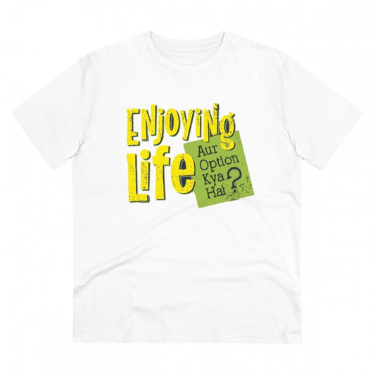 Amfyn Men's PC Cotton Enjoying Life Printed T Shirt (Color: White, Thread Count: 180GSM)