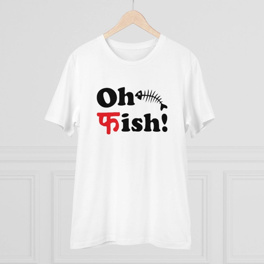Amfyn Men's PC Cotton Oh Fish Printed T Shirt (Color: White, Thread Count: 180GSM)