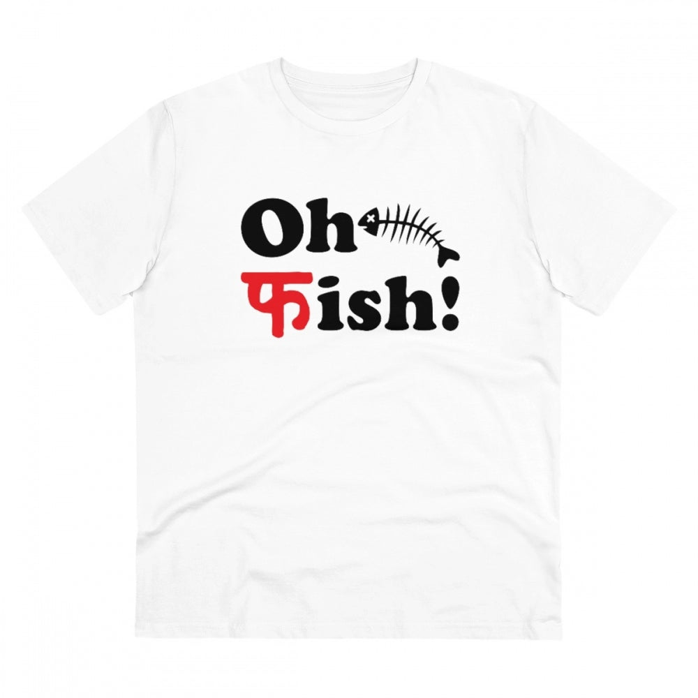 Amfyn Men's PC Cotton Oh Fish Printed T Shirt (Color: White, Thread Count: 180GSM)