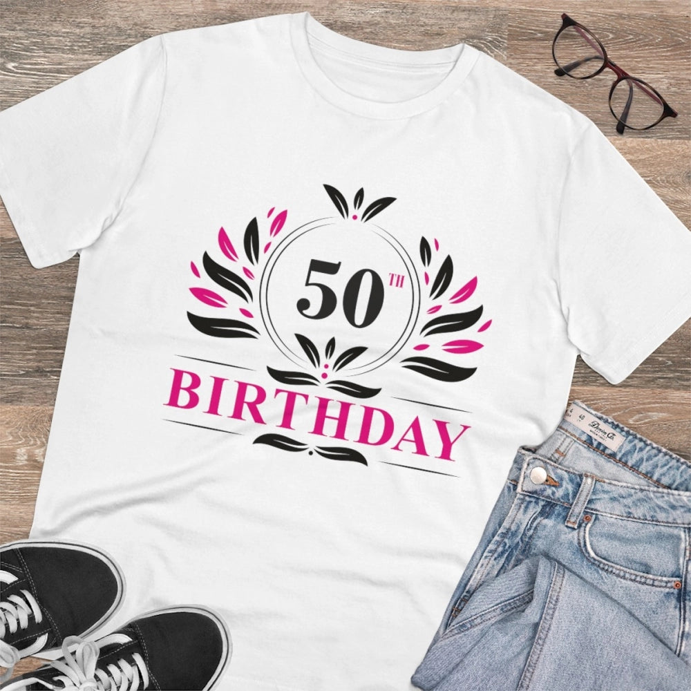 Amfyn Men's PC Cotton 50th Birthday Printed T Shirt (Color: White, Thread Count: 180GSM)