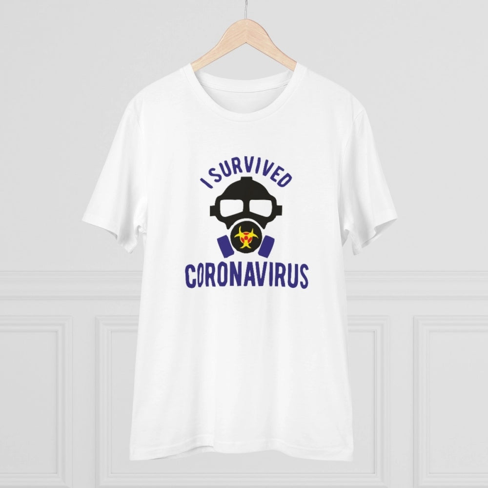 Amfyn Men's PC Cotton I Survived Coronavirus Printed T Shirt (Color: White, Thread Count: 180GSM)