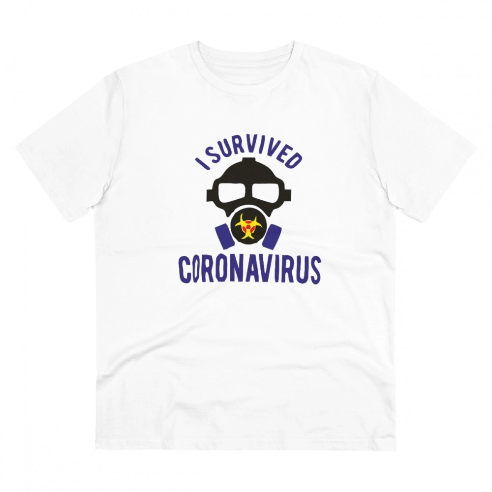 Amfyn Men's PC Cotton I Survived Coronavirus Printed T Shirt (Color: White, Thread Count: 180GSM)