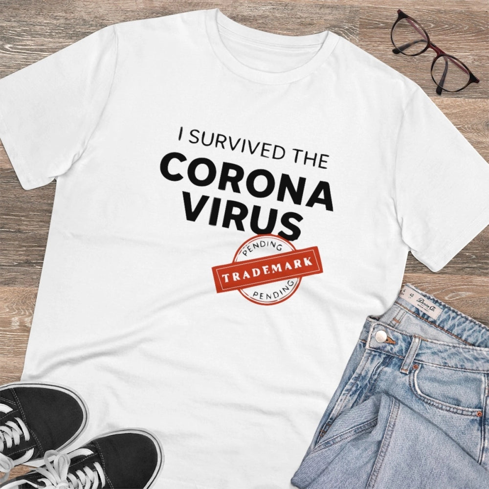 Amfyn Men's PC Cotton I Survived Corona Virus Printed T Shirt (Color: White, Thread Count: 180GSM)