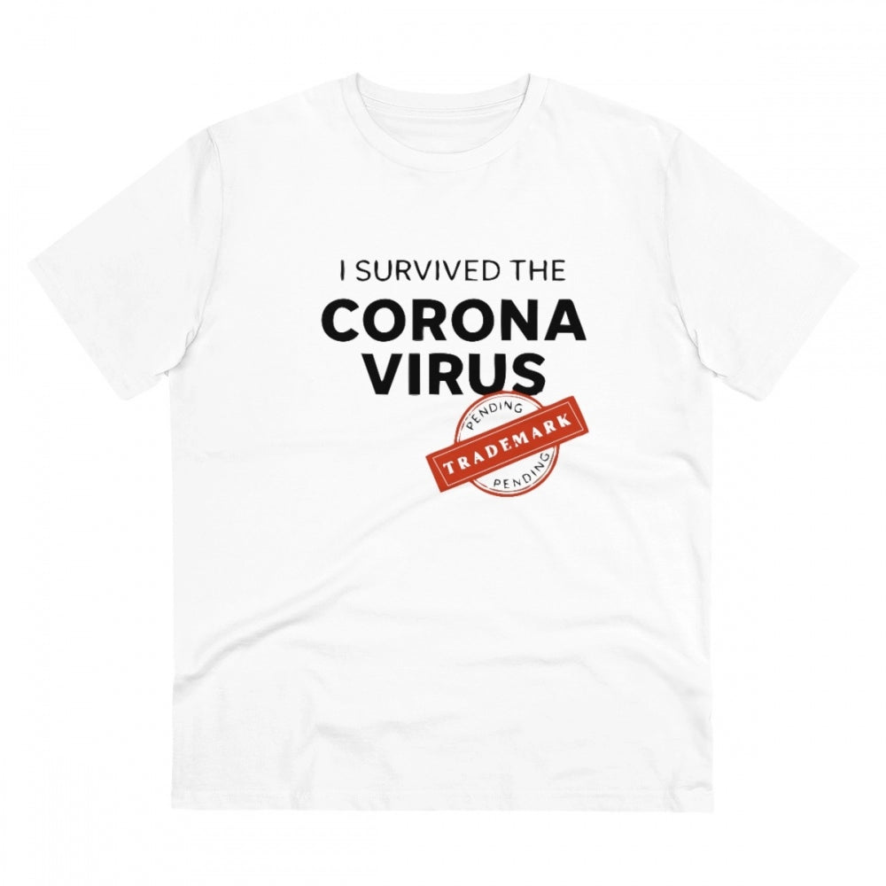 Amfyn Men's PC Cotton I Survived Corona Virus Printed T Shirt (Color: White, Thread Count: 180GSM)