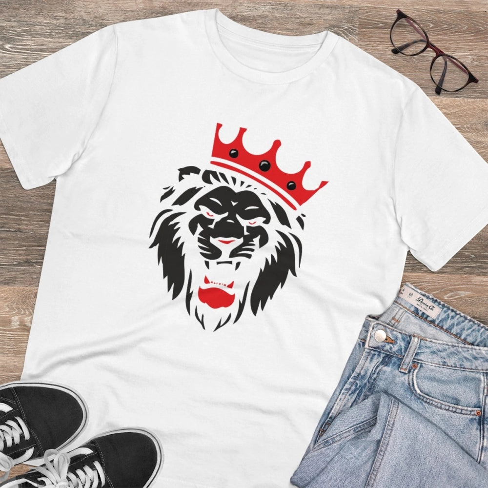 Amfyn Men's PC Cotton Lion Logo Printed T Shirt (Color: White, Thread Count: 180GSM)