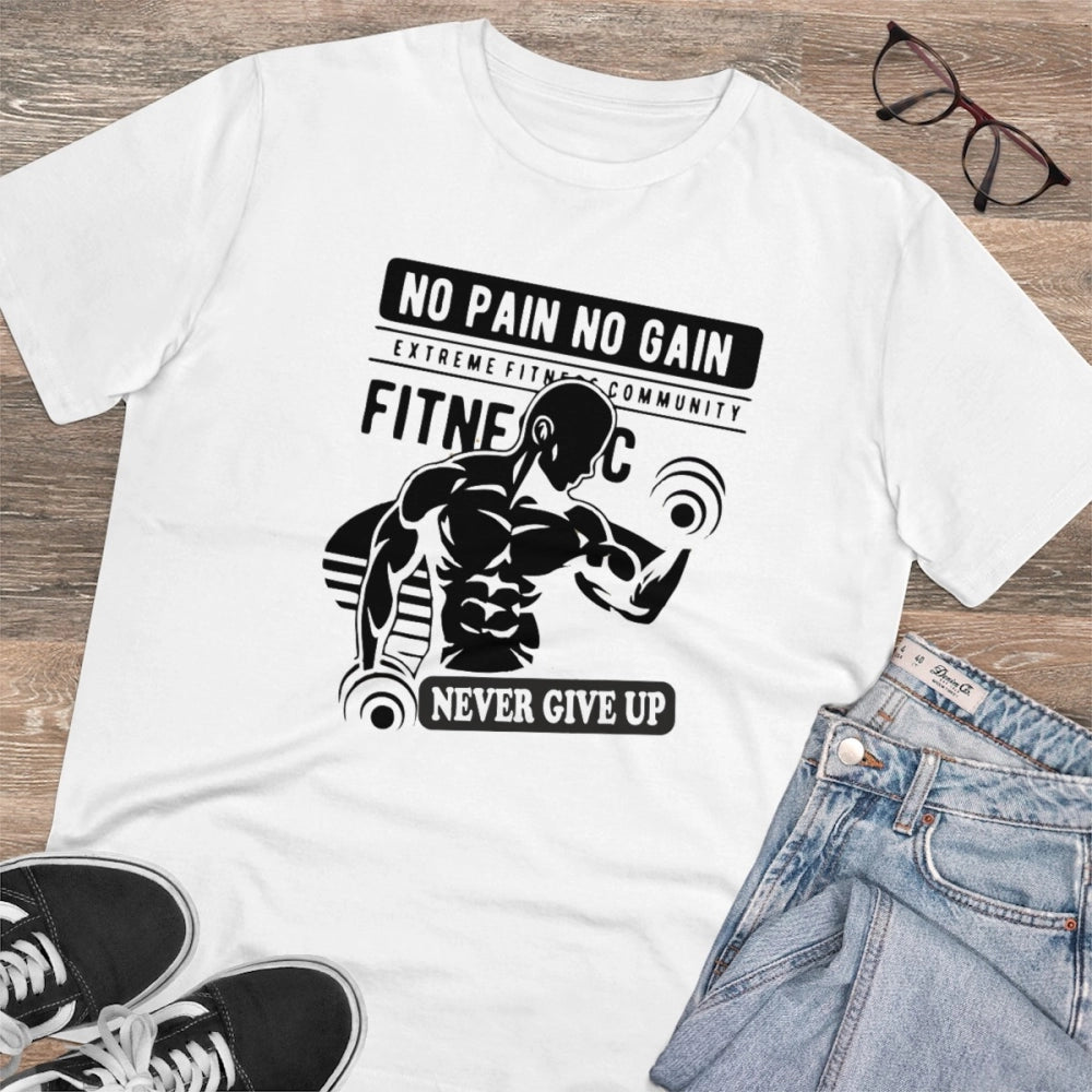 Amfyn Men's PC Cotton Gym No Pain No Gain Never Give Up Printed T Shirt (Color: White, Thread Count: 180GSM)